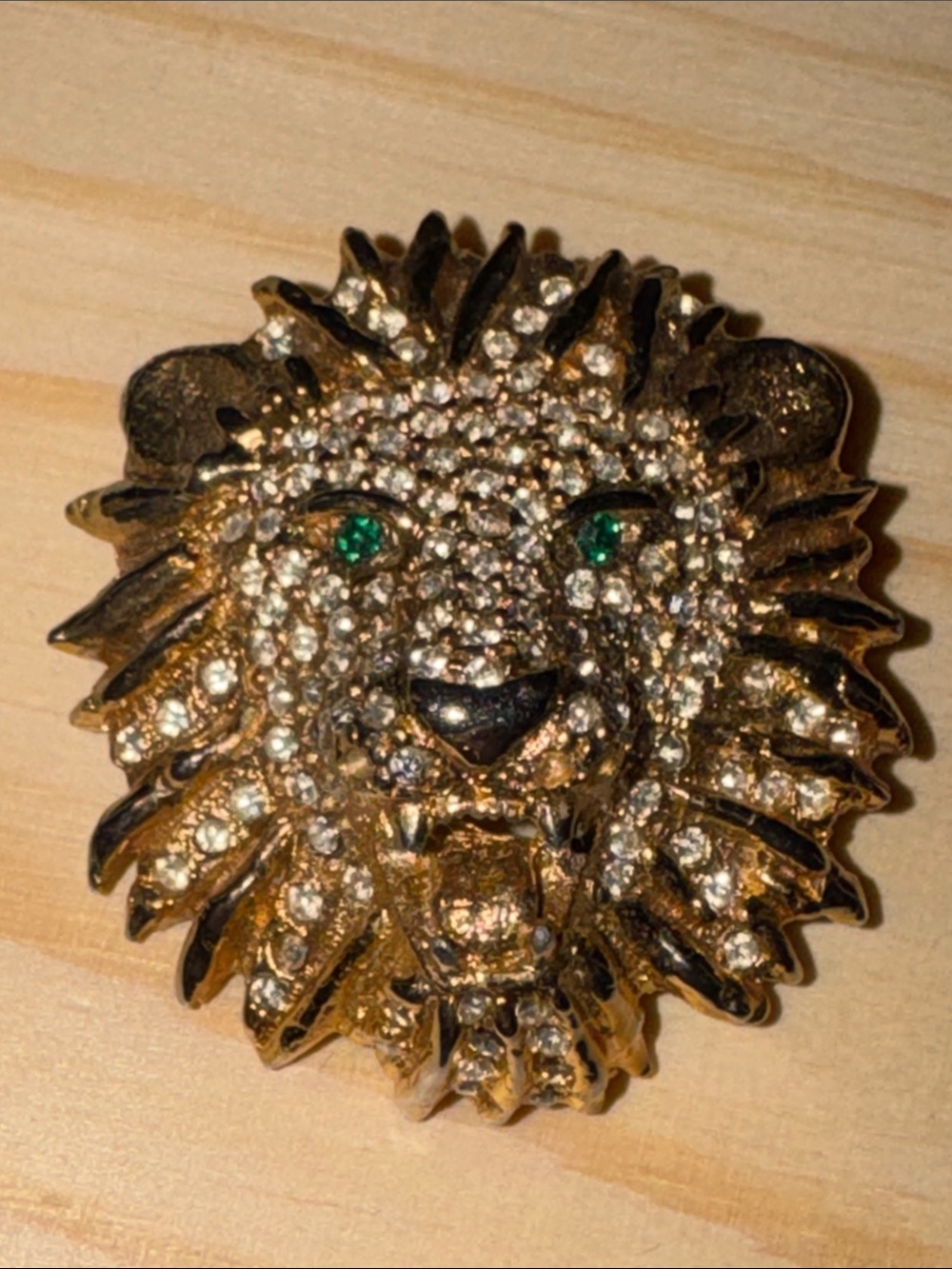 Vintage Gold Lion Head Decorative Accent Pin with Clear and Green Rhinestones